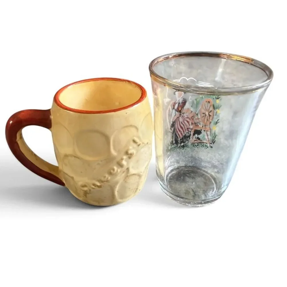 Vintage Welsh Souvenir Shot Glass Set: Abergavenny Manor Ware Mug & Spinning Whe